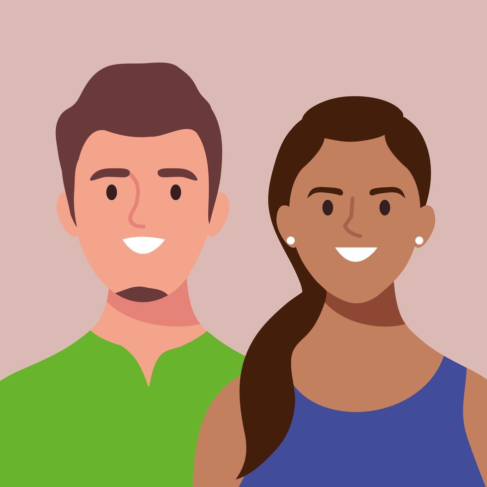 jonge interraciale paar avatars-personages vector