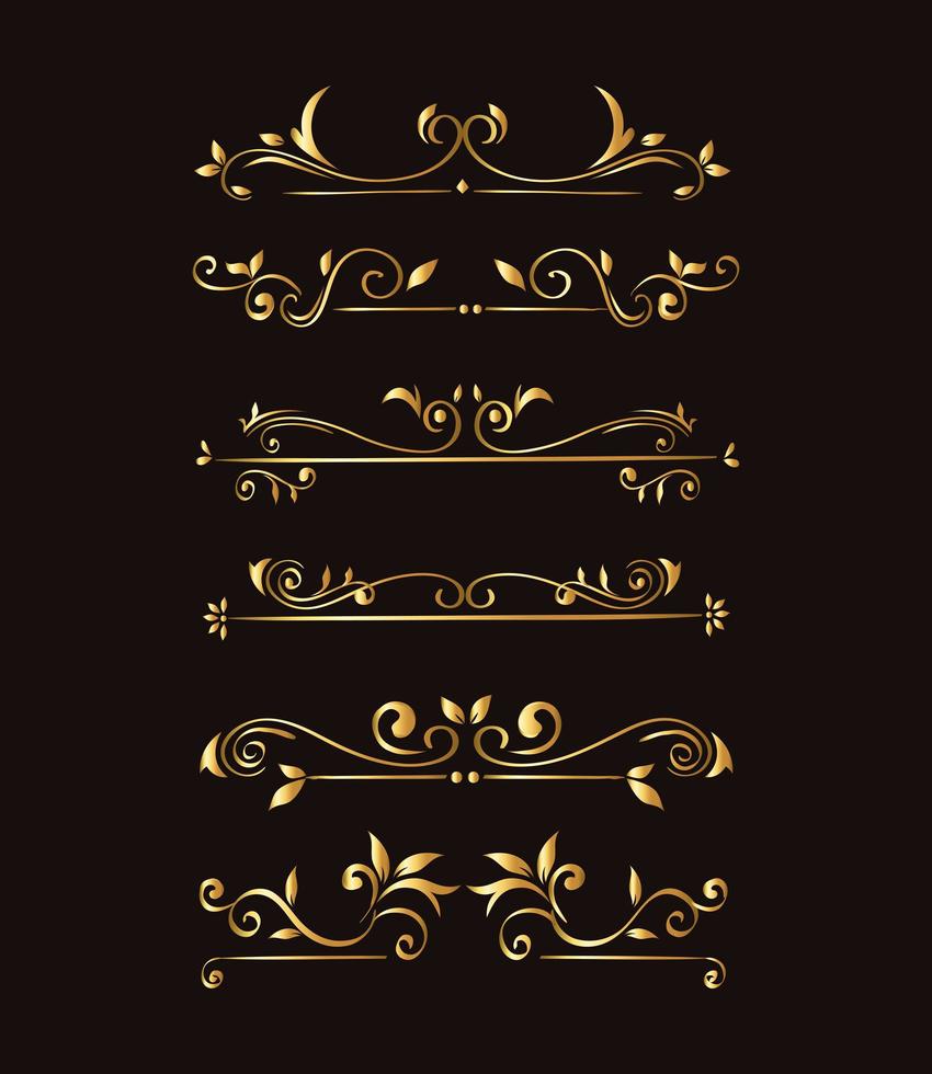 gouden ornament element pictogrammenset op zwarte achtergrond vector ontwerp