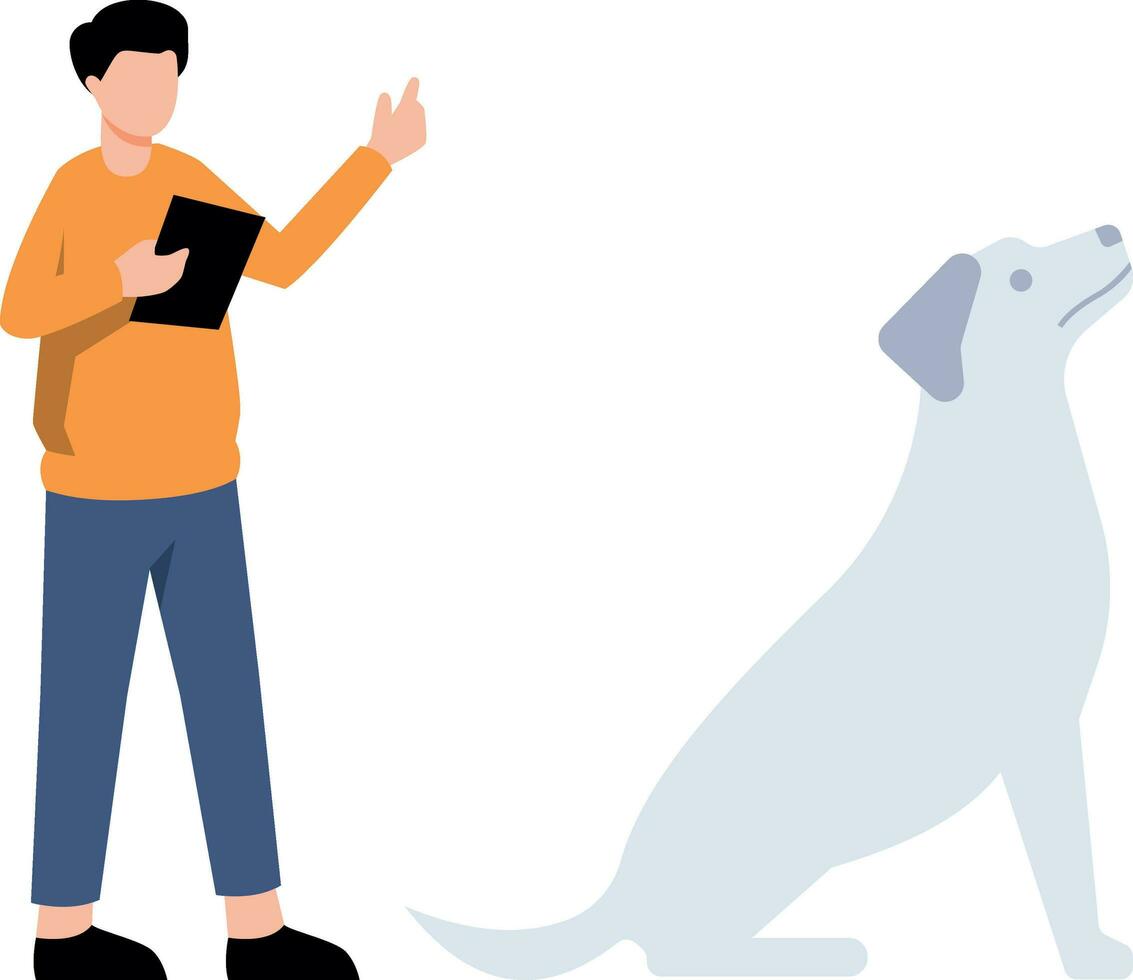 een jongen staand De volgende naar een hond is Holding een tabblad. vector