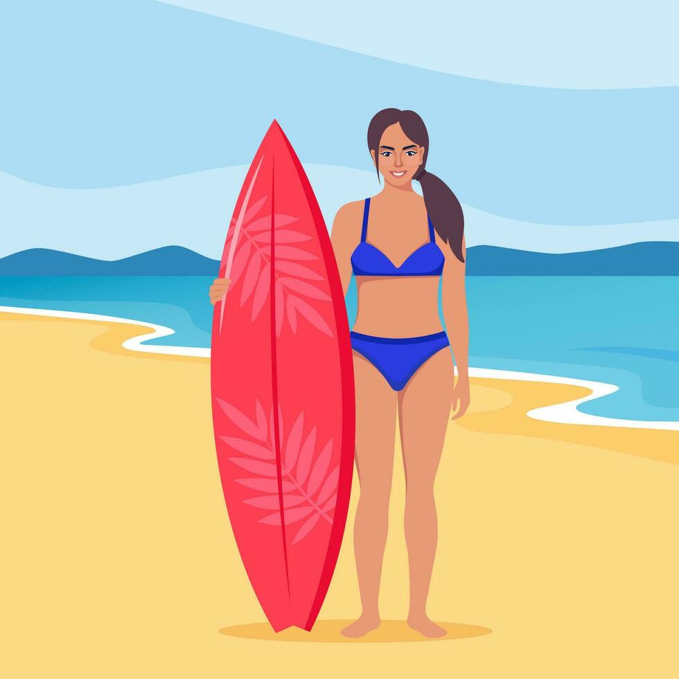 jong vrouw surfer met surfboard staand Aan de strand. glimlachen surfer meisje. vector illustratie.