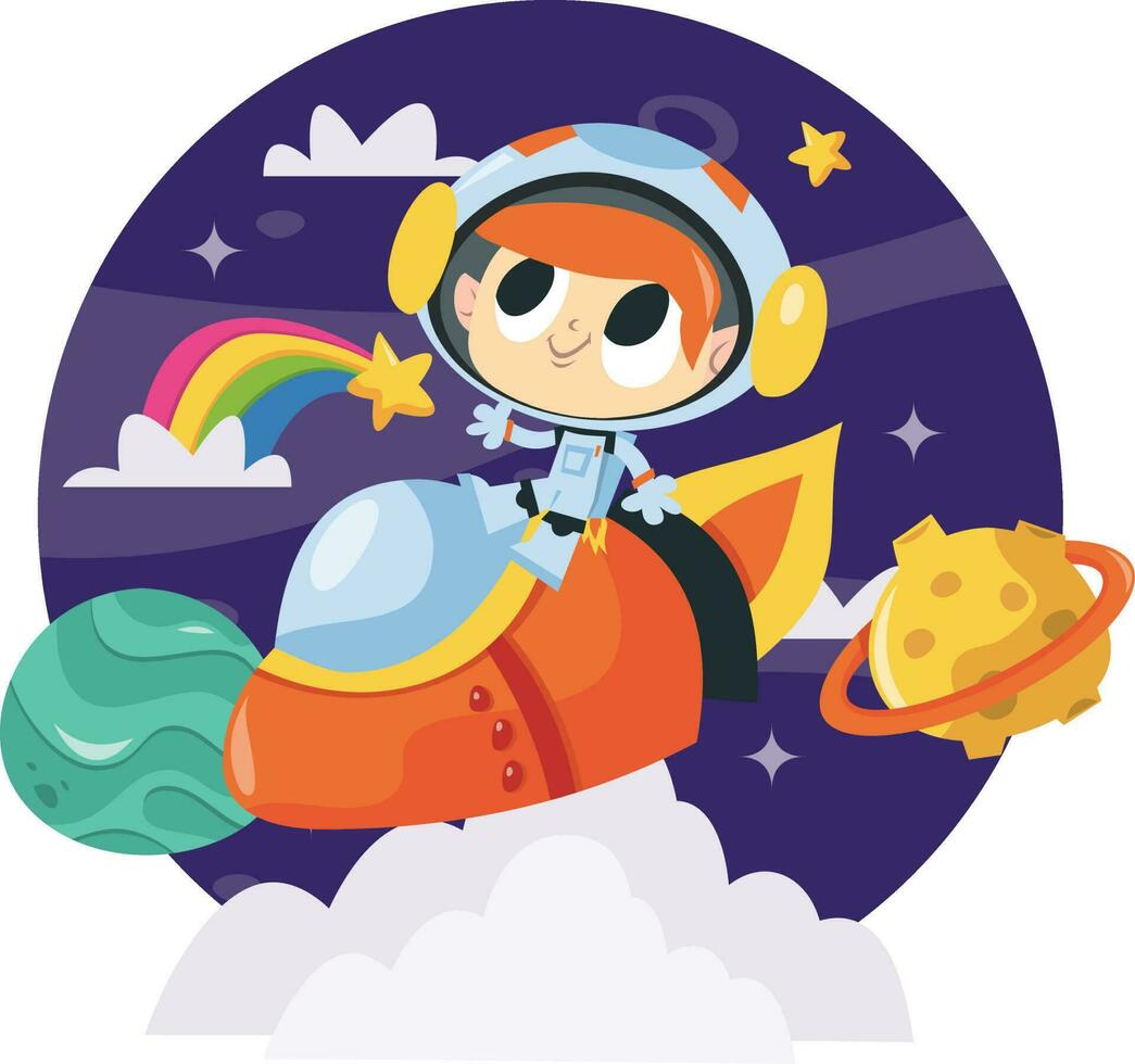super schattig tekenfilm ruimte avontuur astronaut jongen raket vector