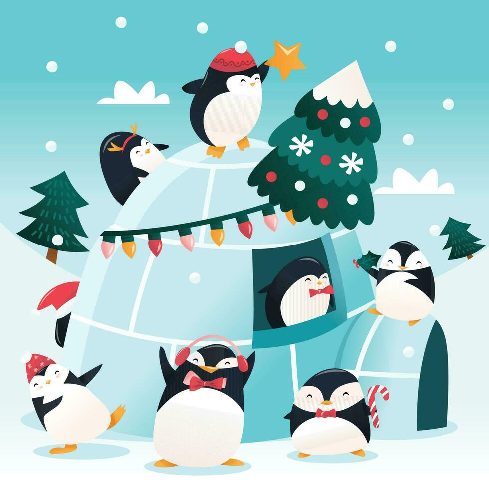 tekenfilm schattig pinguïns Kerstmis decoreren iglo vector