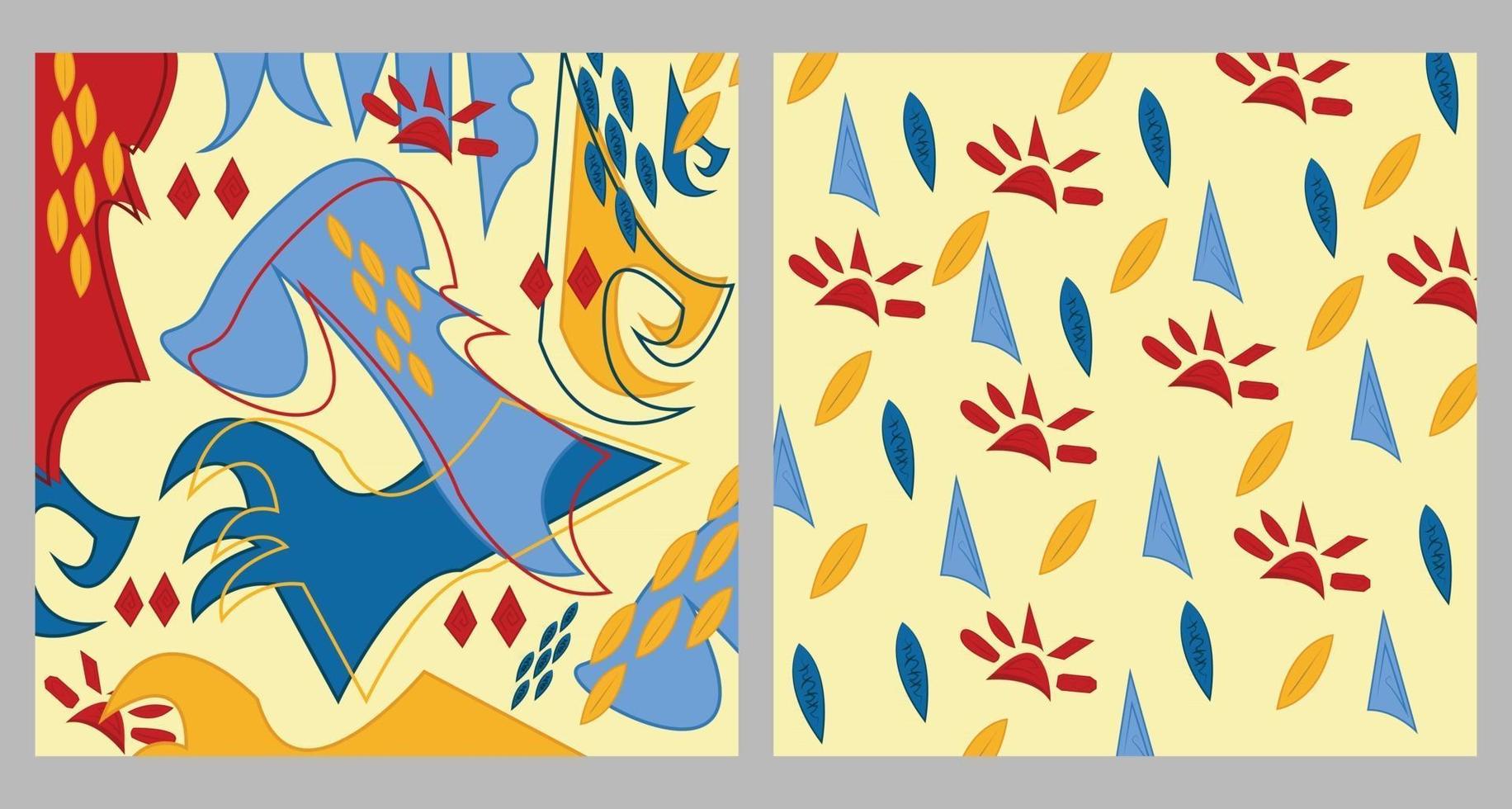 twee naadloze patroon in hetzelfde kleurenpalet rood blauw en geel kleuren verzameling van abstracte etnische jungle cultuur stam tribale artistieke patronen gele crème achtergrond vector
