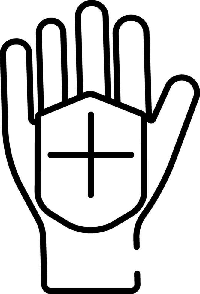 hand- met medisch schild icoon in zwart lijn kunst. vector