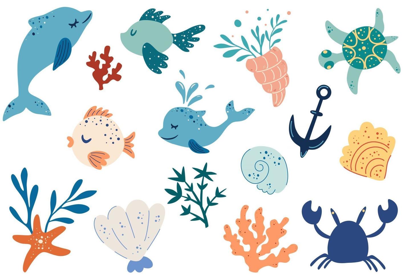 set van zeevissen dieren en planten dolfijnen vissen zeesterren zeeschelpen zeewier marien thema oceaan leven onderwater grote nautische clipart met mariene inwoners platte vectorillustratie vector