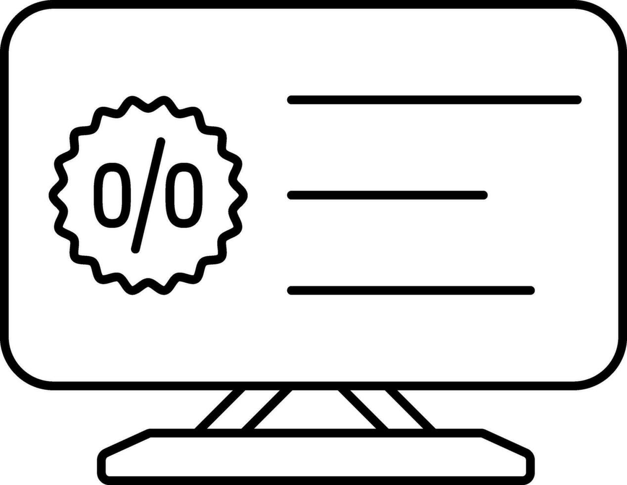 korting aanbod sticker in laptop scherm voor online uitverkoop of boodschappen doen lijn kunst icoon. vector