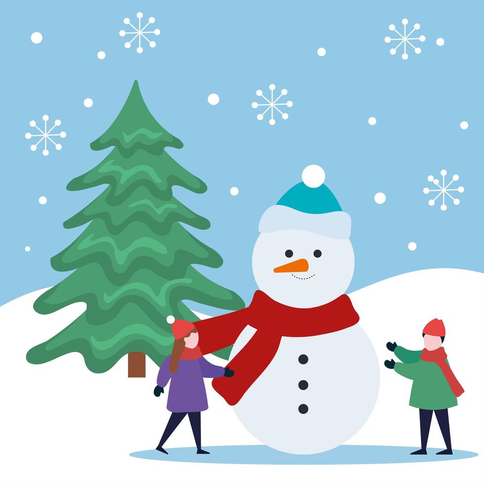 vrolijk kerstfeest jongen en meisje kinderen met sneeuwpop vector ontwerp