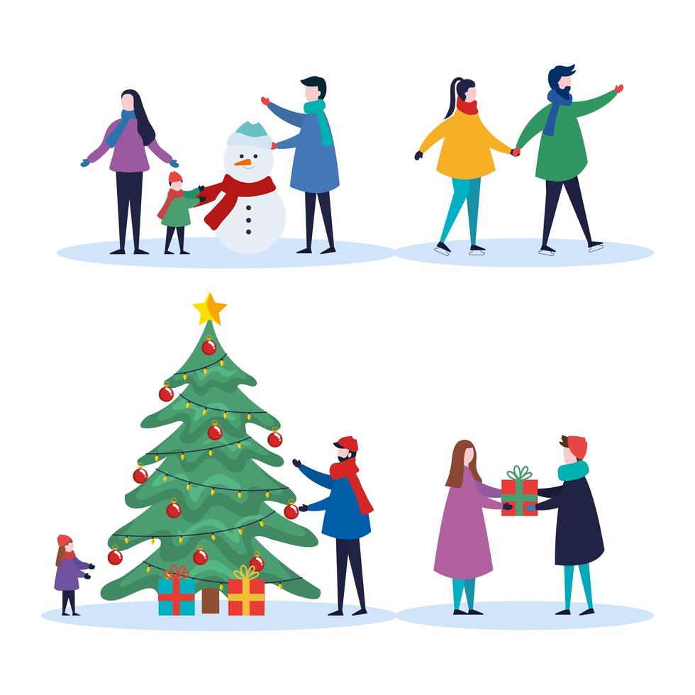 vrolijk kerstfeest familie met dennenboom geschenken en sneeuwpop icoon collectie vector ontwerp