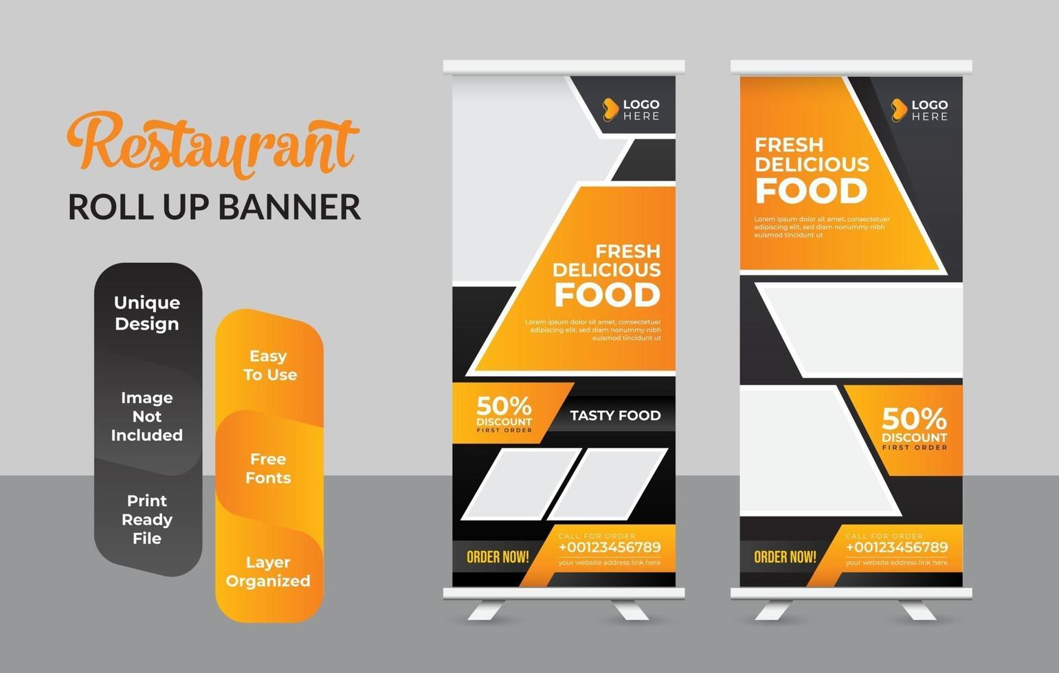 eten en restaurant roll-up banner ontwerpsjabloon vector