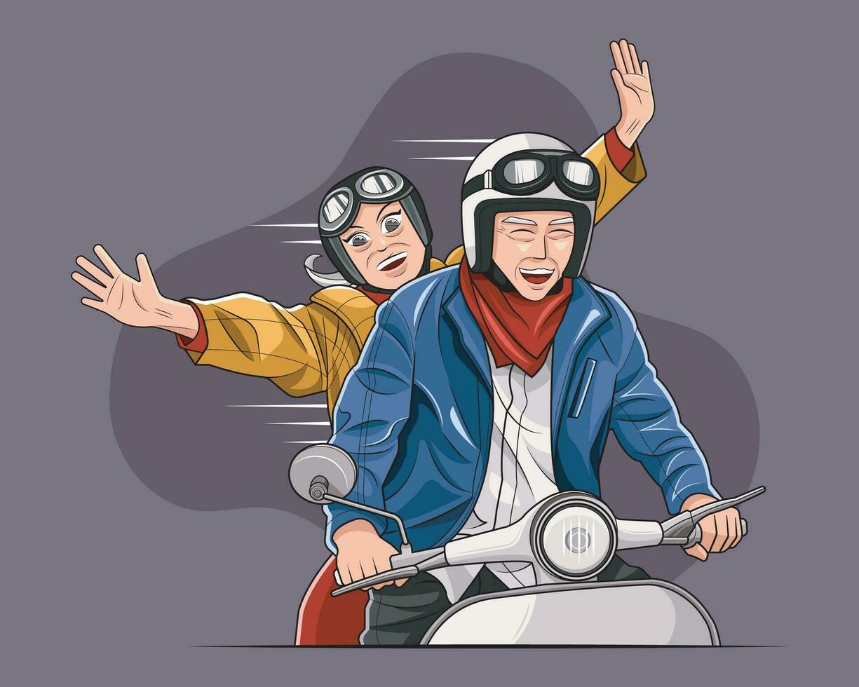 leeftijd diversiteit. senior paar rijden een klassiek scooter vector illustratie pro downloaden