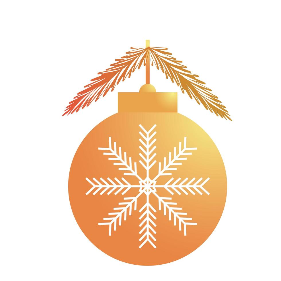 gelukkige vrolijke kerst gouden bal met sneeuwvlok en sparrenblaadjes vector