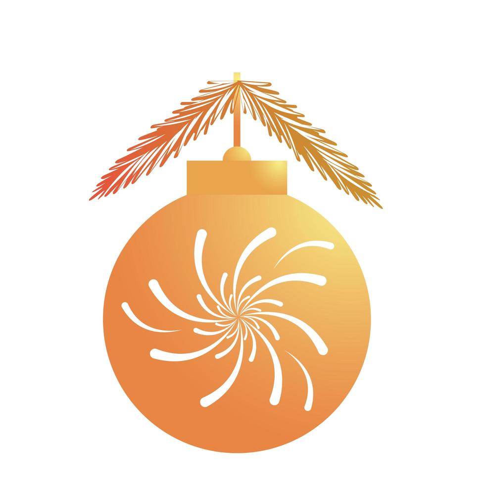 gelukkige vrolijke kerst gouden bal met plonslichten en sparrenbladeren vector