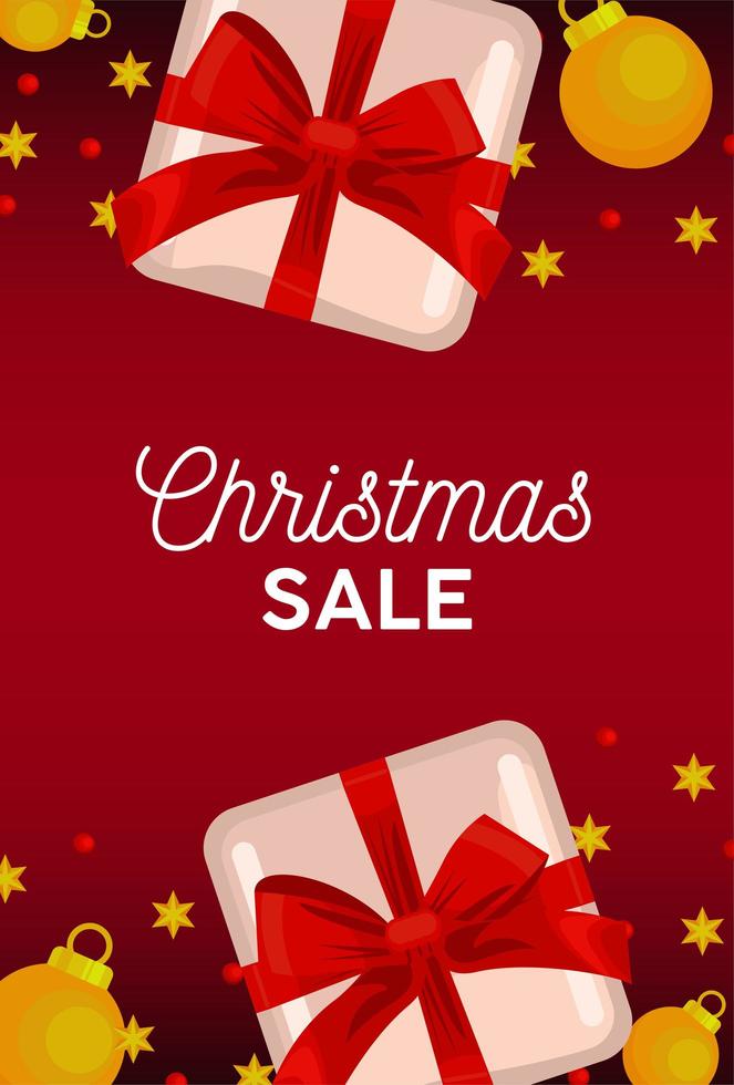 happy merry christmas sale belettering kaart met geschenken en gouden ballen vector