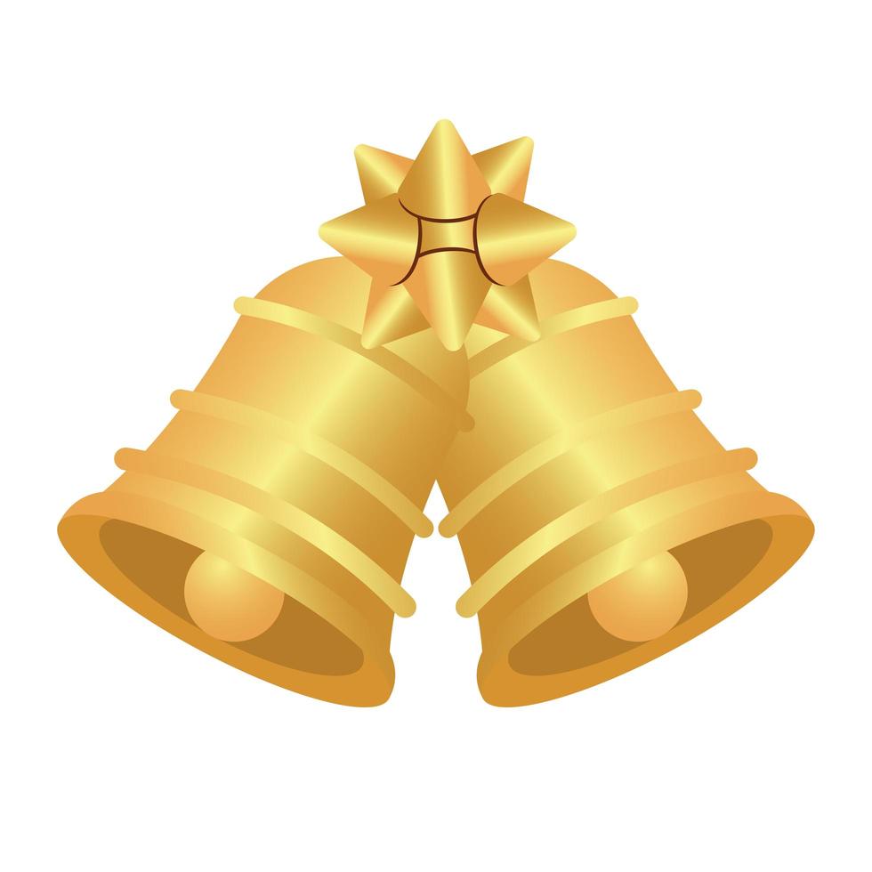 Gelukkig vrolijk kerstfeest gouden klokken met boog geïsoleerd pictogram vector