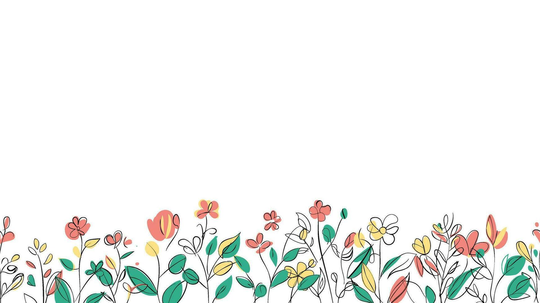 voorjaar kleurrijk botanisch vlak vector horizontaal illustratie Aan wit achtergrond. banier bloemen backdrop versierd met prachtig veelkleurig bloeiend bloemen en bladeren grens.