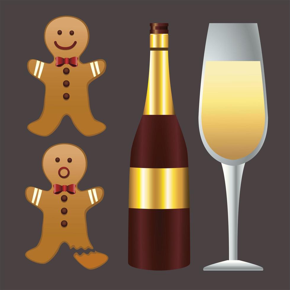 happy merry christmas champagne en gingerman cookies vector