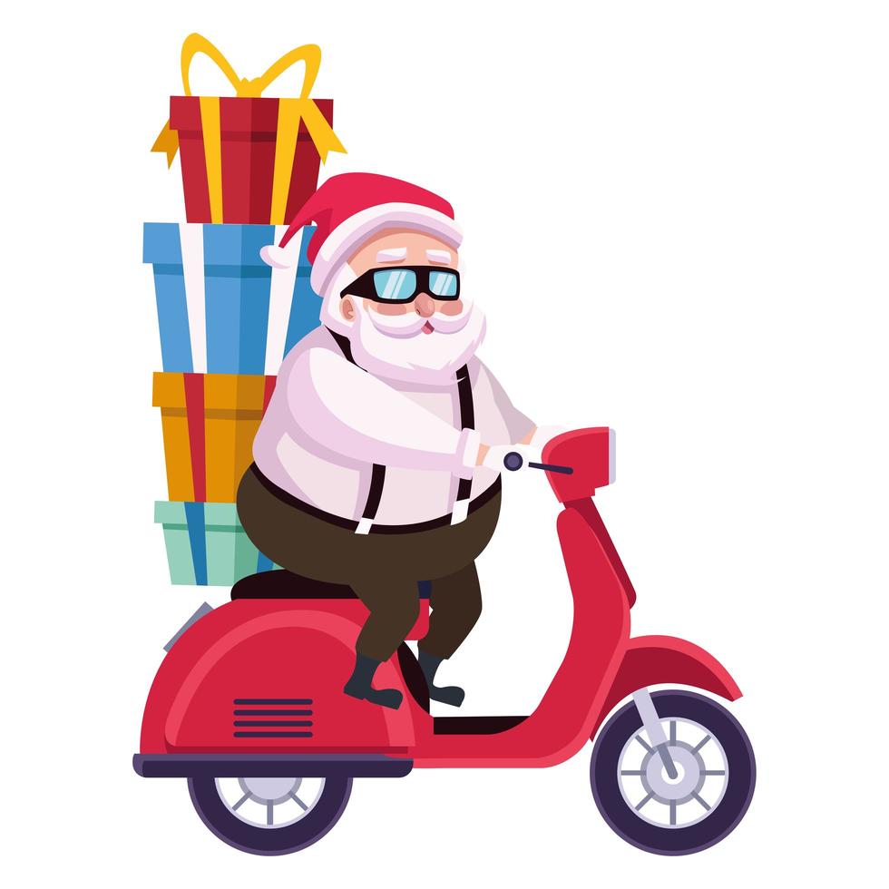 schattige kerstman in motorfiets met geschenken karakter vector