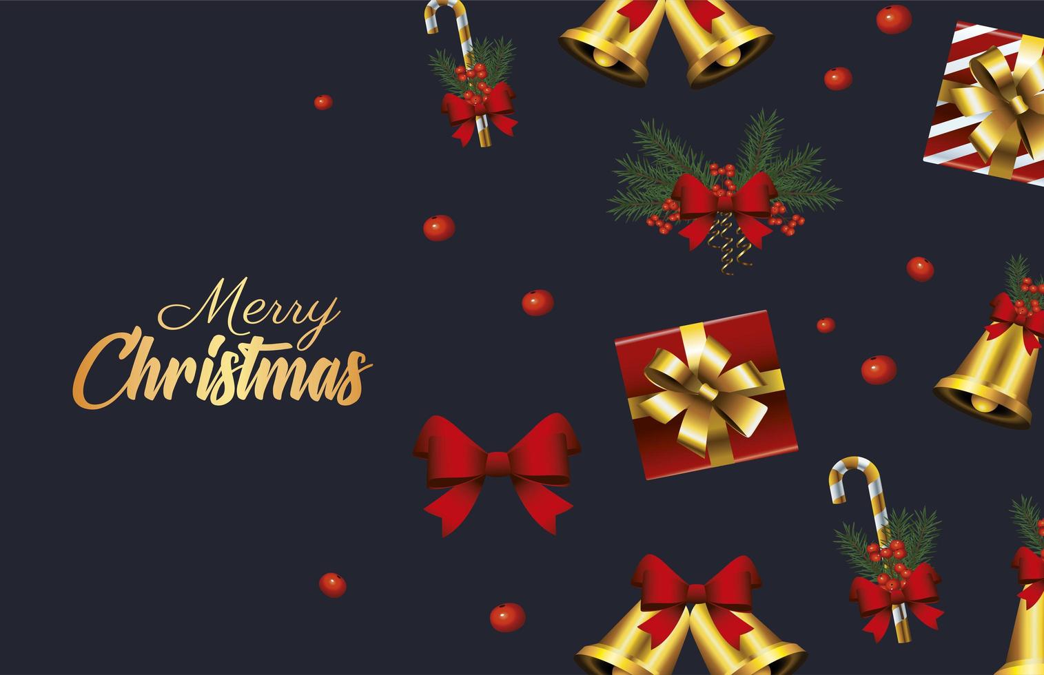 gelukkig vrolijk kerstfeest gouden letters met klokken en geschenken vector