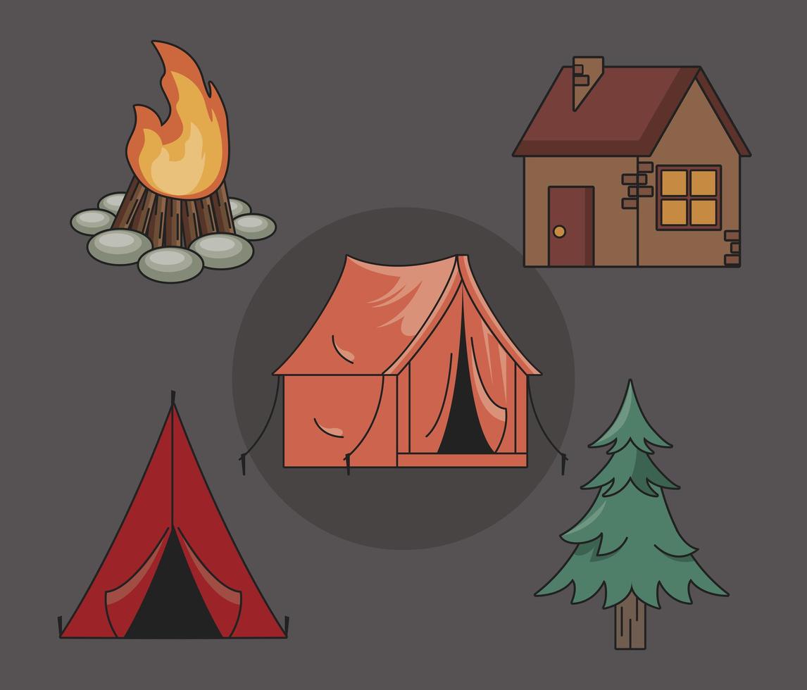 vijf camping pictogrammen vector