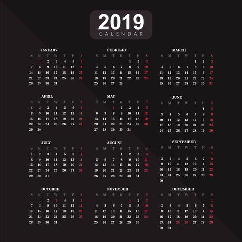 Jaar 2019, kalender vector achtergrond