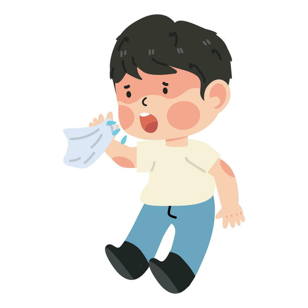 kind jongen niezen en hoesten van de griep vector