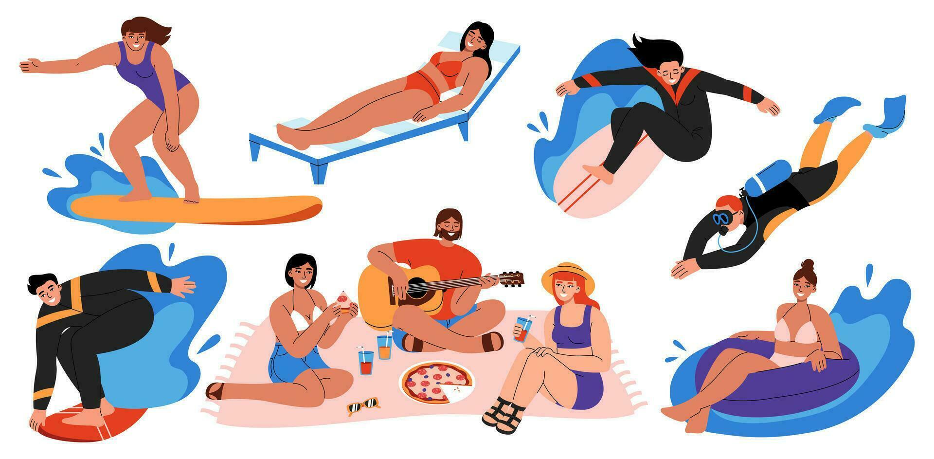 zomer buitenshuis activiteiten set. mensen surfen, ontspannende Aan sjees longue, maken picknick, zwemmen en snorkelen. scènes van gelukkig mannen en Dames Bij vrije tijd tijd. vlak vector illustraties.