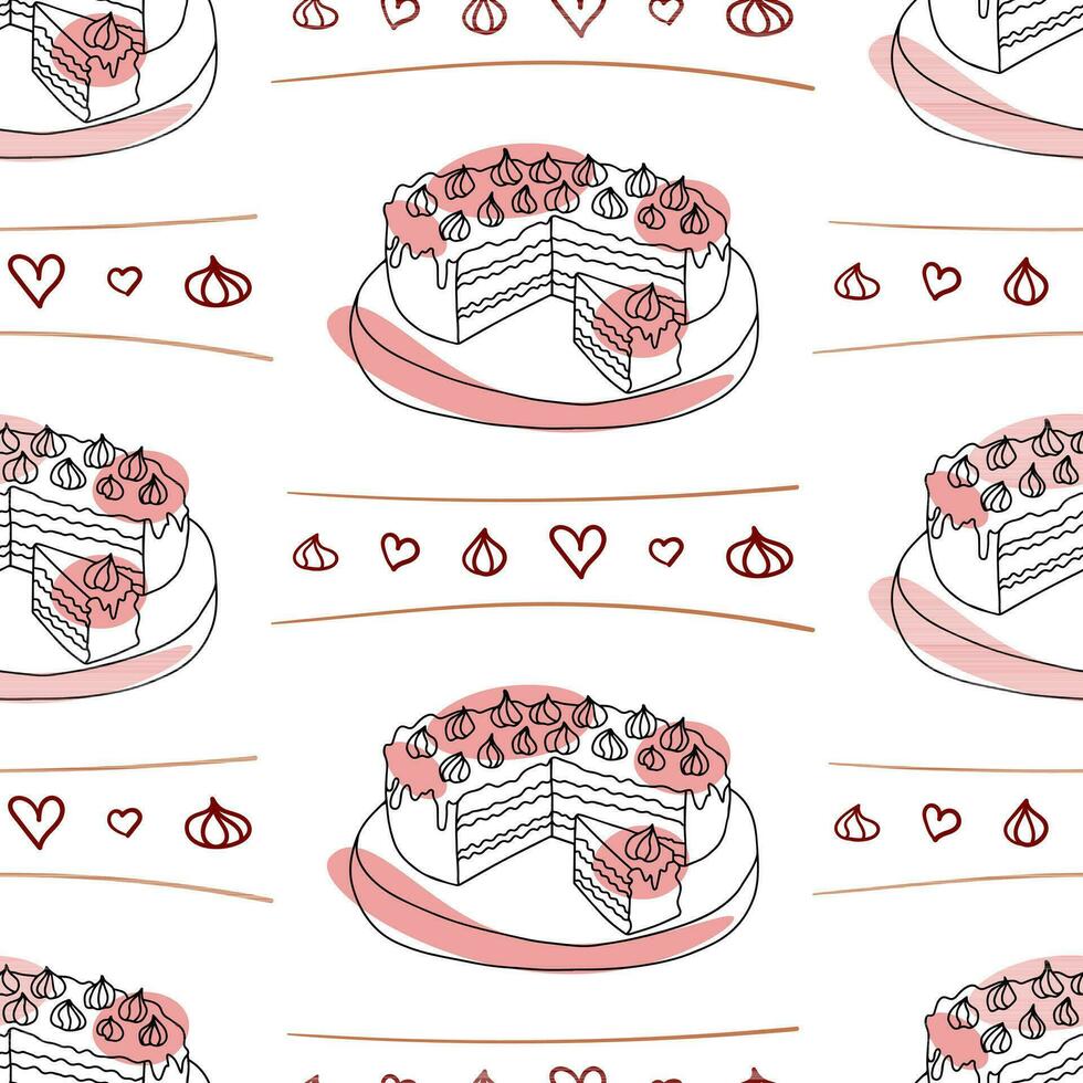naadloos patroon met kleurrijk nagerecht. tekening hand- getrokken taart met roze vlekken en rood harten in een naadloos patroon Aan een wit achtergrond vector