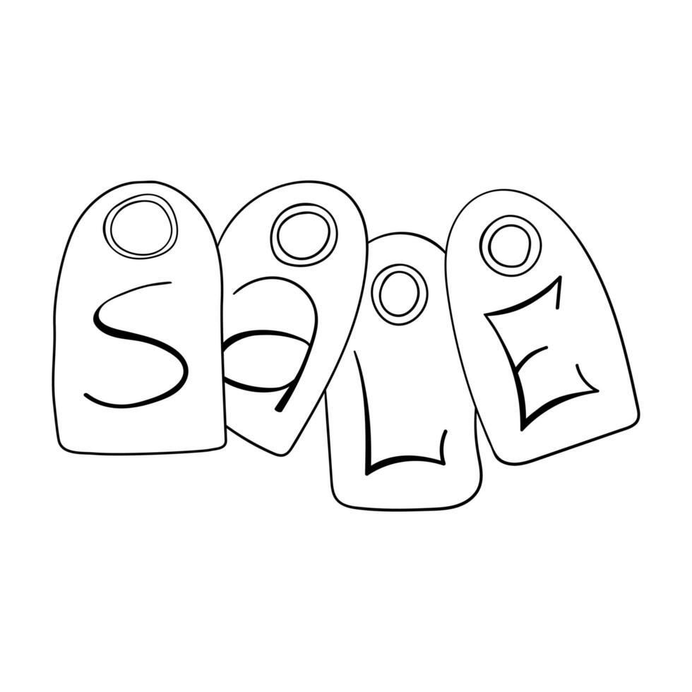 hand- getrokken tekening samenstelling van vier prijs tags met brieven van de woord uitverkoop geschreven binnen, speciaal bieden, boodschappen doen korting label, promotionele uitverkoop kenteken. geïsoleerd Aan wit achtergrond vector