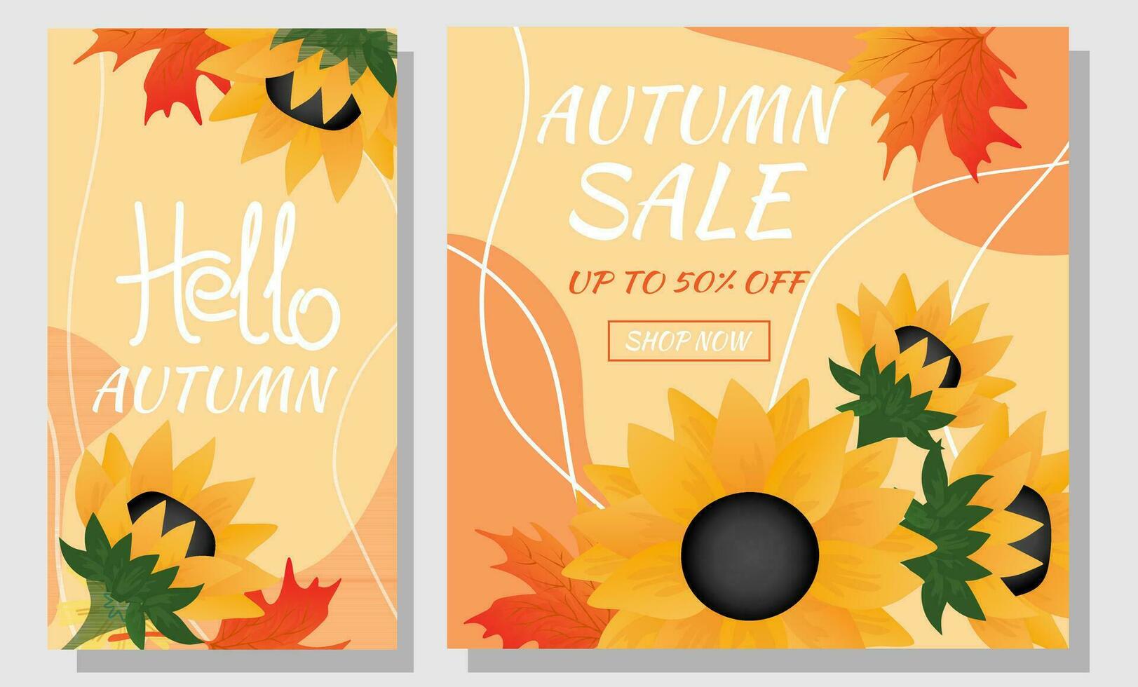 reeks herfst uitverkoop spandoeken. herfst bladeren, zonnebloemen en abstract vorm Aan oranje achtergrond. ontwerp voor sociaal netwerk, reclame. vector