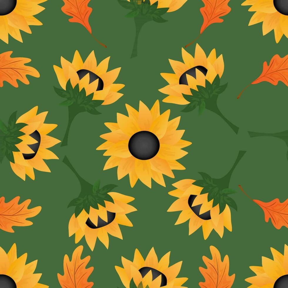 herfst naadloos patroon met eik bladeren, zonnebloemen. vector