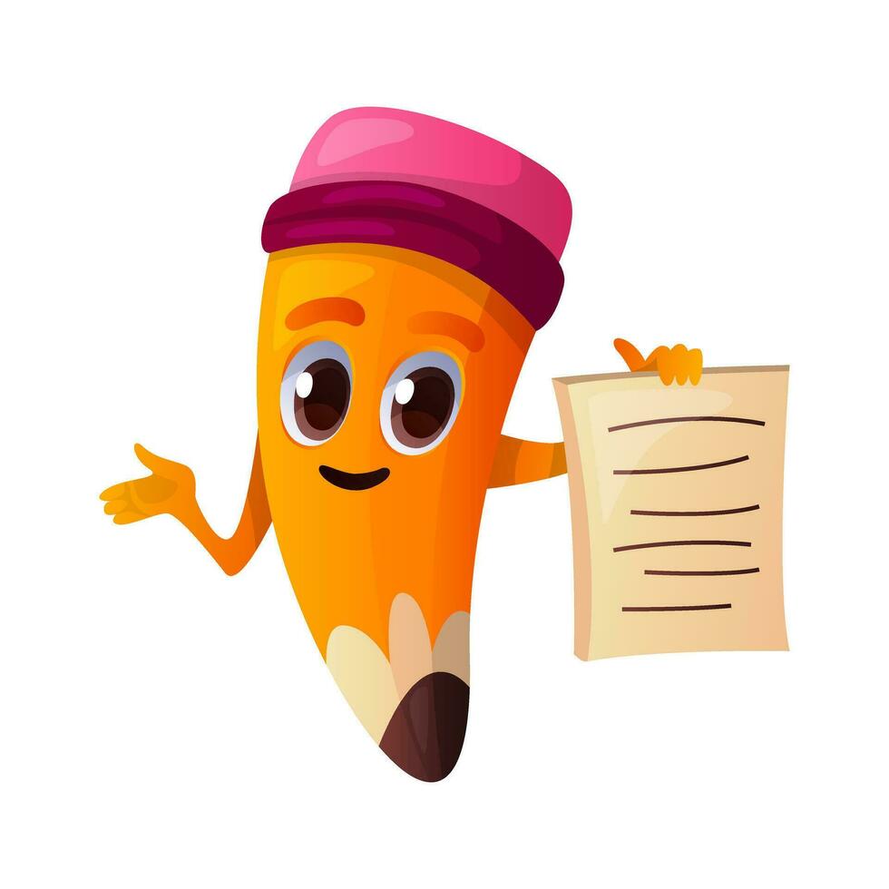 schattig potlood tonen document karakter in houding. personage met ogen, handen, uitdrukking. school- benodigdheden, onderwijs schrijfbehoeften mascotte emoticon. grappig leerzaam dingen gezicht emoji. terug naar school- vector