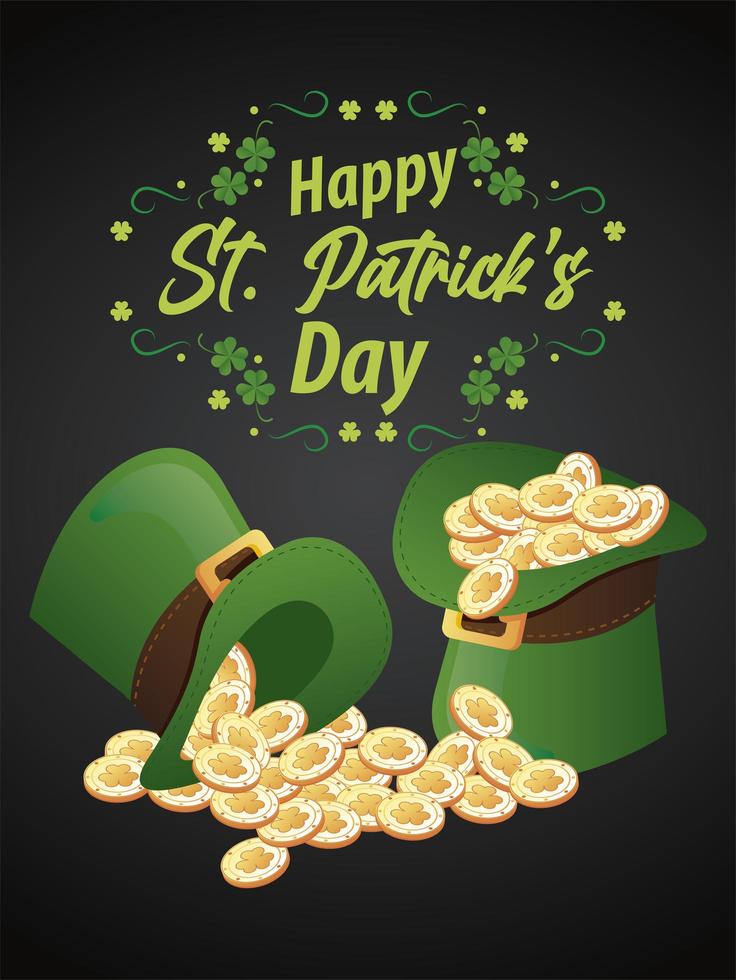 happy saint patricks day belettering met schat in elf tophats en klaverblaadjes vector