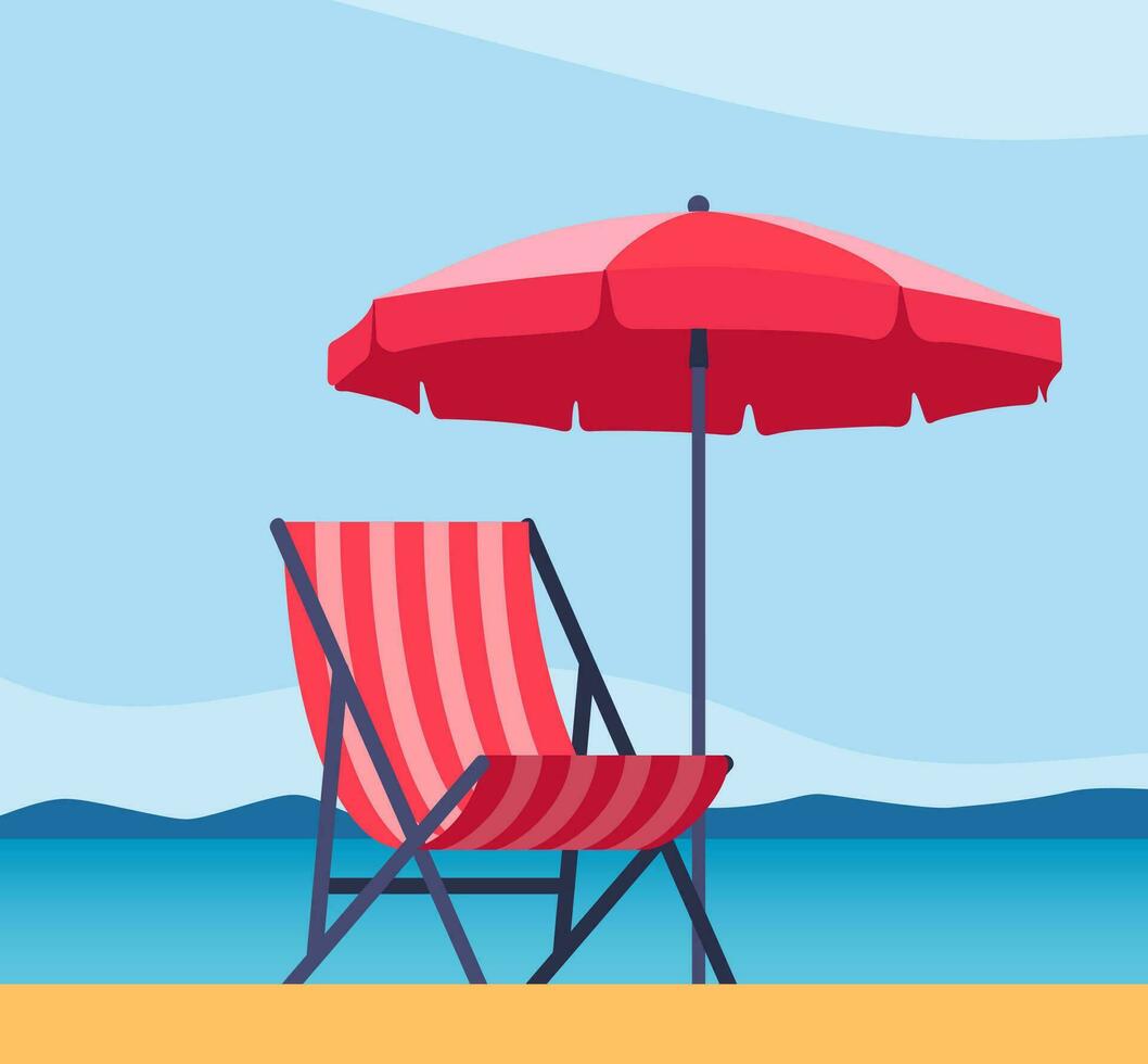 strand paraplu en zon ligstoel. zonnebank met parasol Bij zand strand. zomer tropisch toevlucht met privaat ligstoelen Bij zeekust. leeg zon bed Bij kust. vector illustratie.