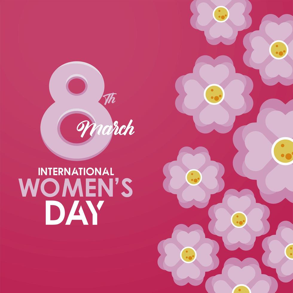internationale vrouwendagviering poster met belettering en lile bloemen vector