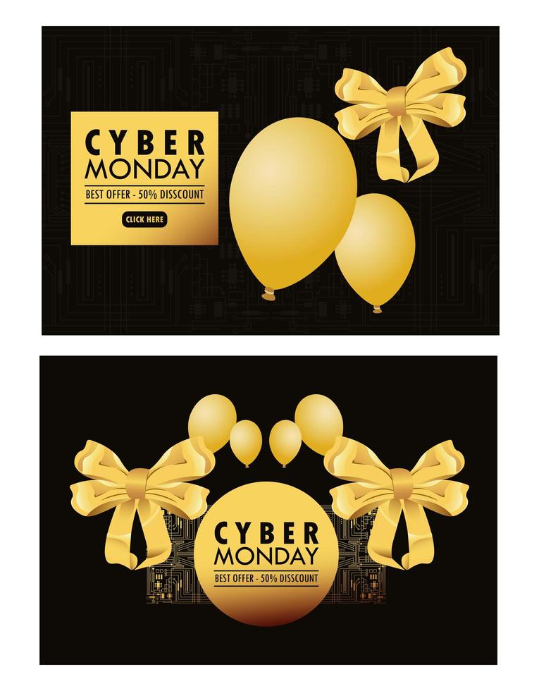cyber maandag vakantie poster met gouden ballonnen helium en strikken linten vector