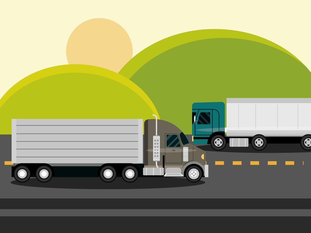 vrachtwagens verplaatsen op asfaltweg de groene velden in het landelijke landschap vector