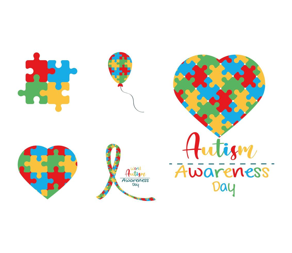 stel autisme bewustzijnsdag icon set puzzels vormige hart lint ballon vector