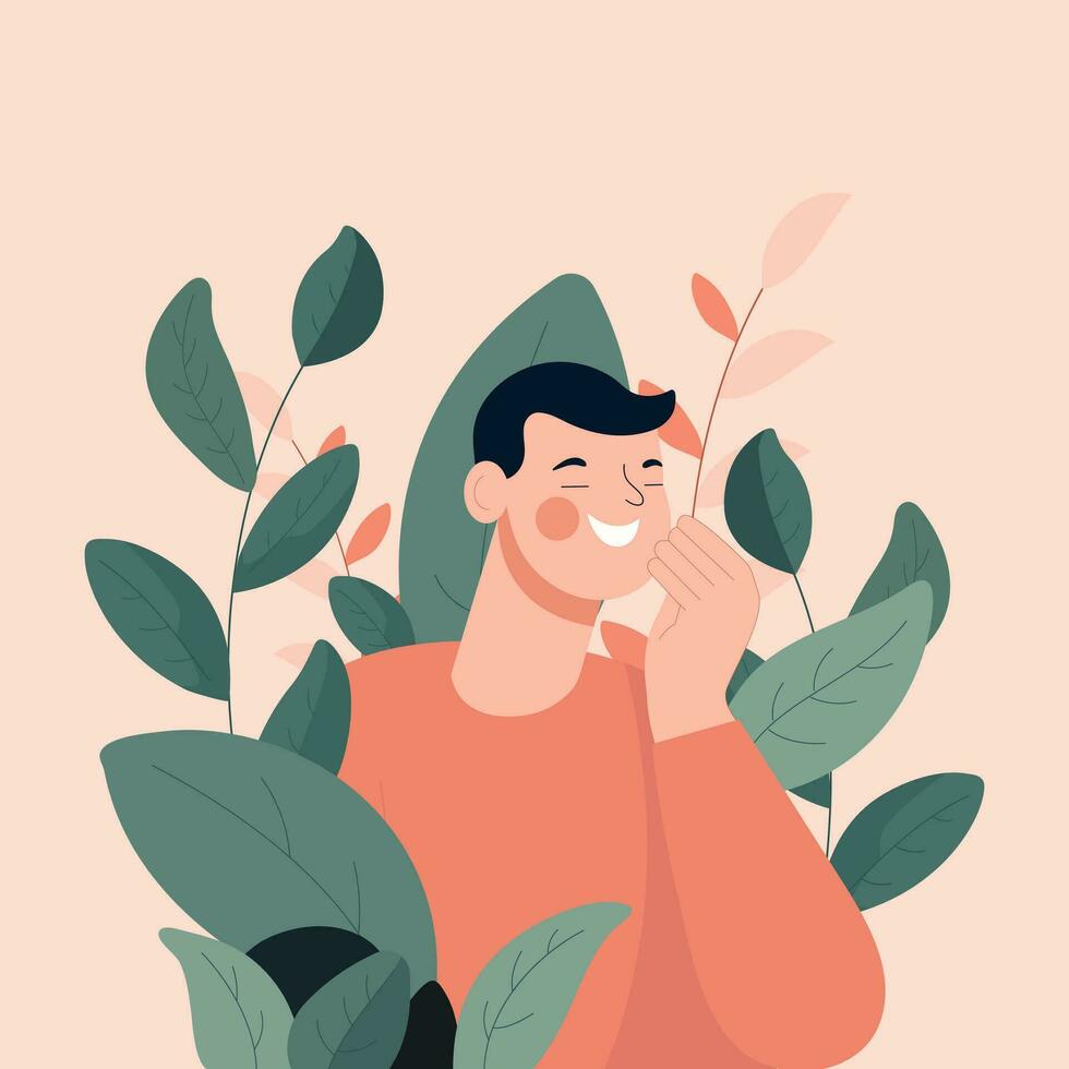 portret van gelukkig jong Mens karakter in bladeren achtergrond. vector