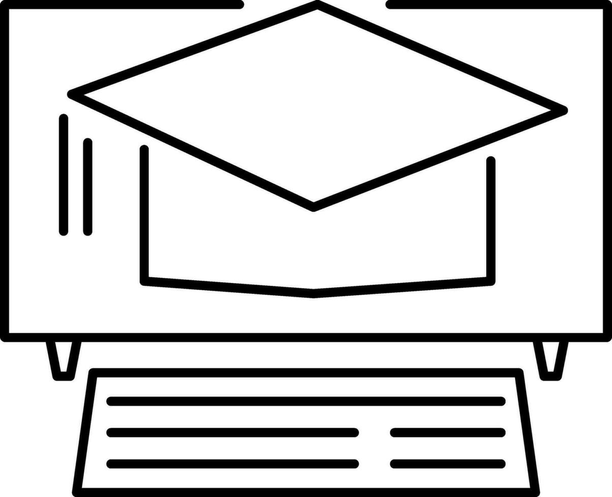lijn kunst diploma uitreiking pet in toezicht houden op scherm en toetsenbord icoon voor online aan het leren of onderwijs. vector