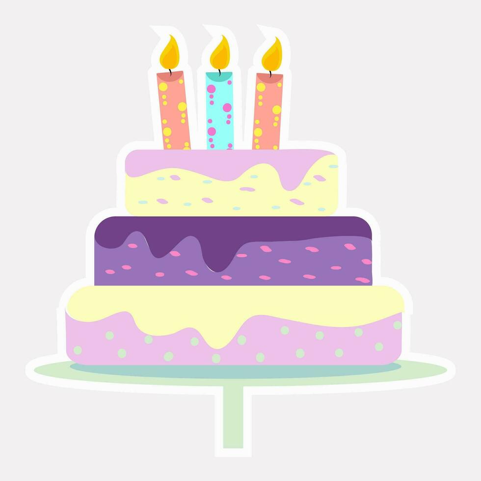 kleurrijk brandend kaarsen in drie laag taart sticker. vector
