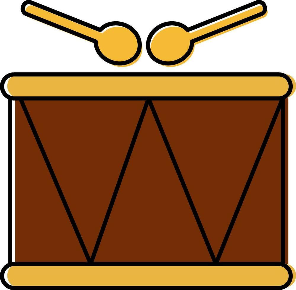 bruin en geel strik trommel met stokjes icoon in vlak stijl. vector
