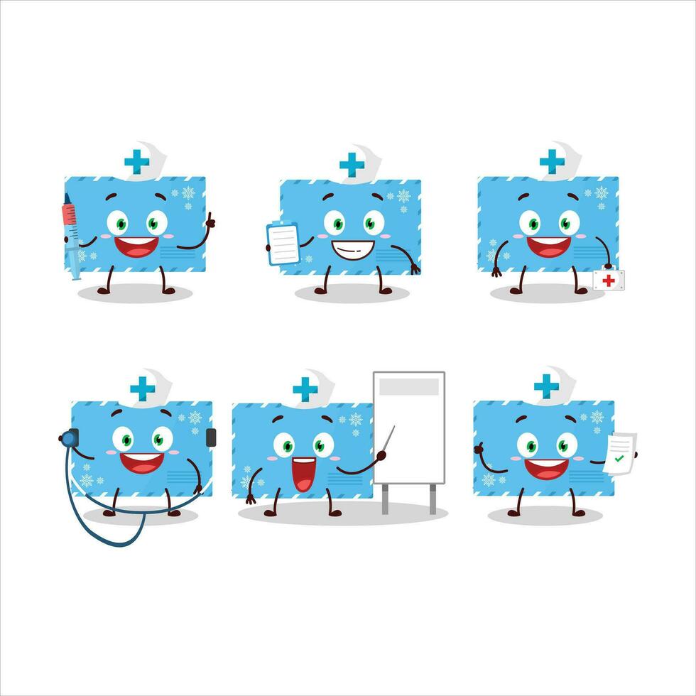 dokter beroep emoticon met blauw Kerstmis enveloppen tekenfilm karakter vector