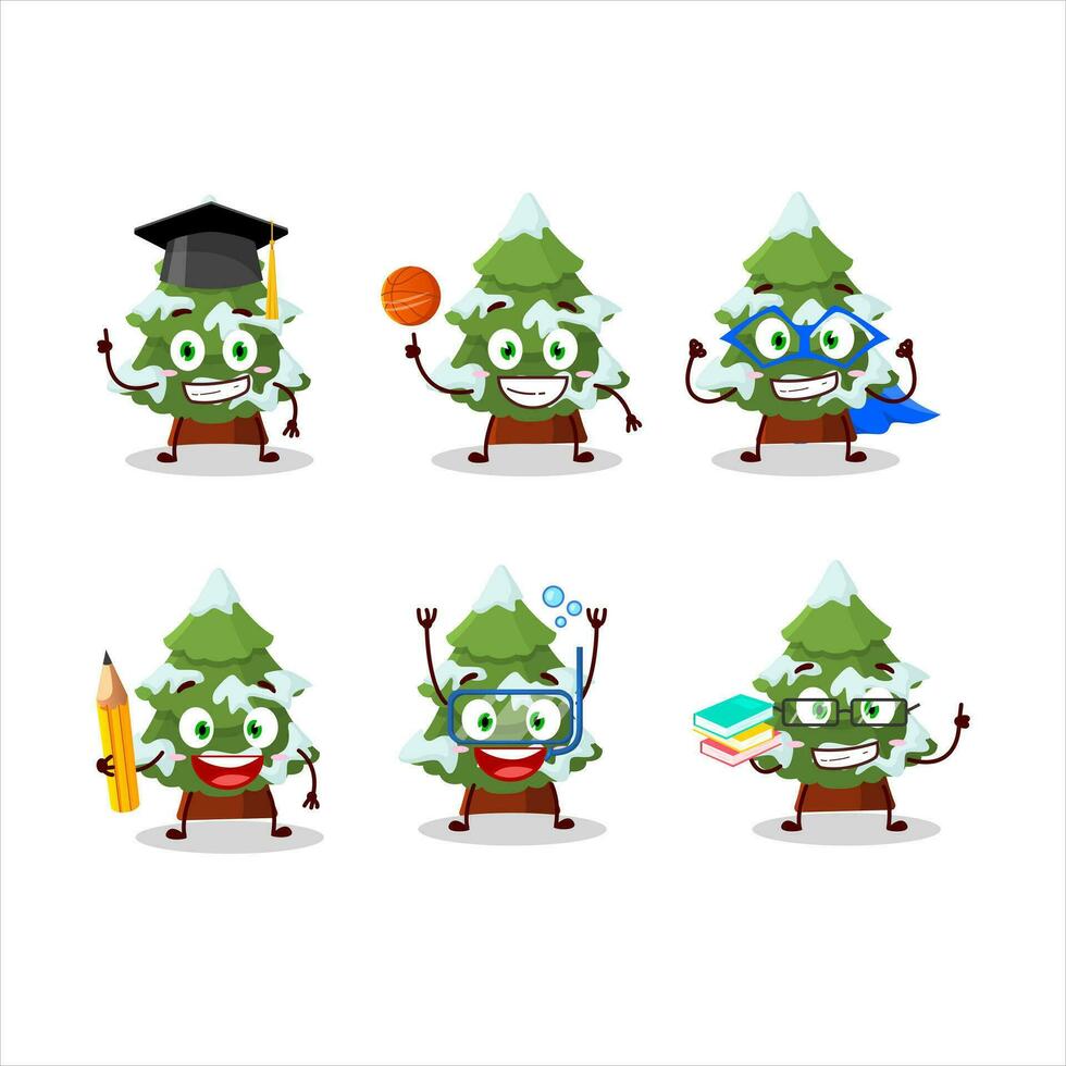 school- leerling van groen sneeuw Kerstmis boom tekenfilm karakter met divers uitdrukkingen vector
