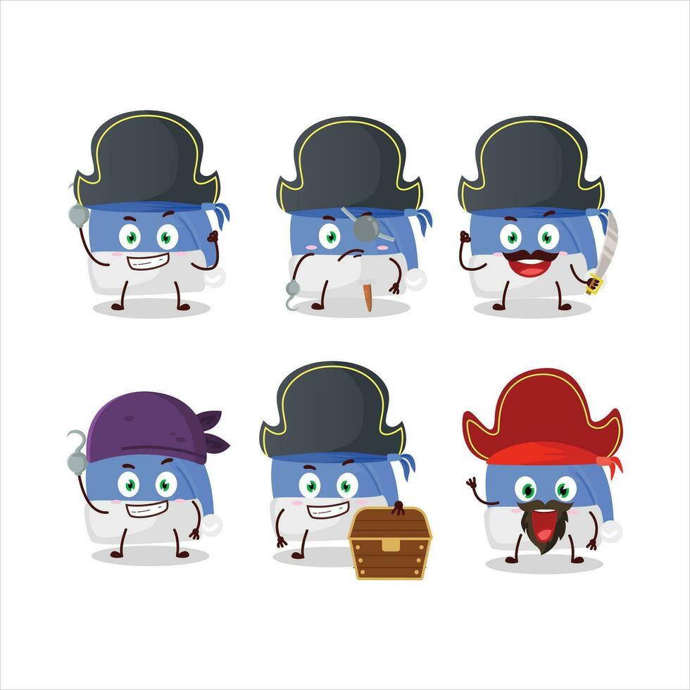 tekenfilm karakter van blauw de kerstman hoed met divers piraten emoticons vector