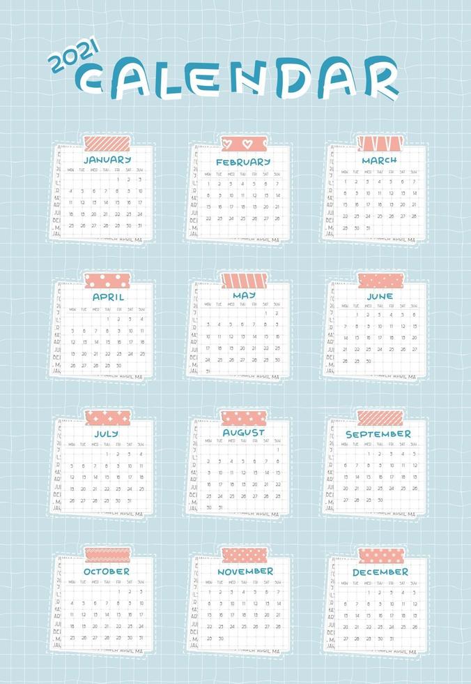 de kalender voor 2021 van januari tot december begint op maandag. ruitjespapier met stippen stuk krant achtergrond vector