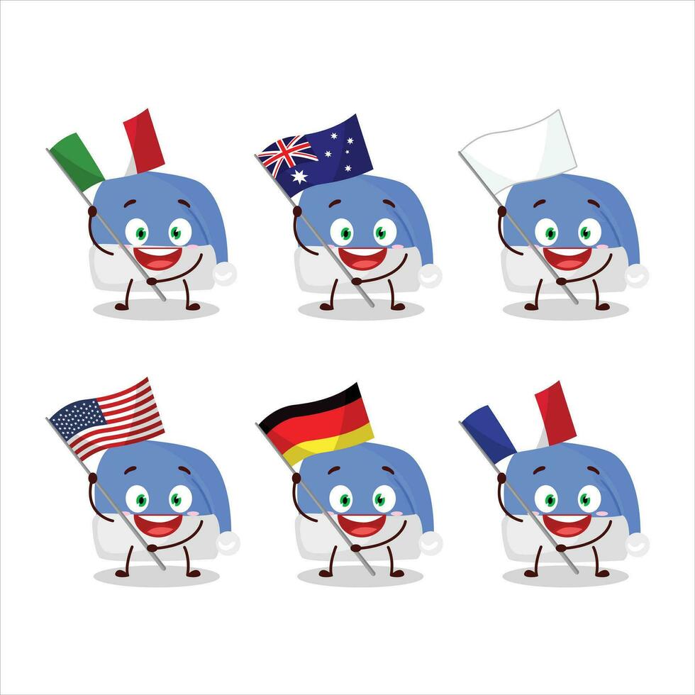 blauw de kerstman hoed tekenfilm karakter brengen de vlaggen van divers landen vector