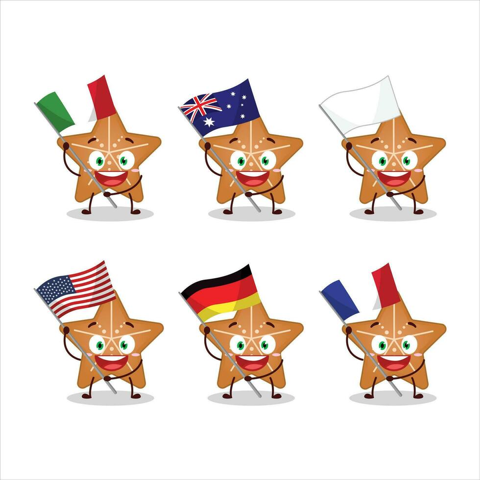 sterren koekje tekenfilm karakter brengen de vlaggen van divers landen vector