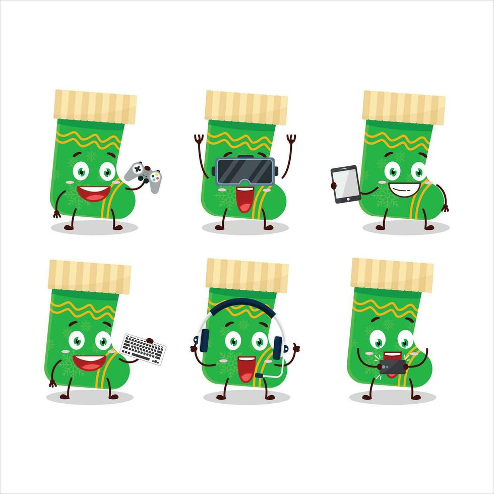 groen Kerstmis sokken tekenfilm karakter zijn spelen spellen met divers schattig emoticons vector