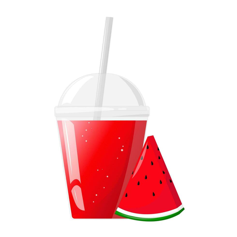 rood vers watermeloen sap in plastic glas. fruit sap in Doorzichtig plastic beker. vector illustratie voor ontwerp van vers Product, sap, ingeblikt voedsel, menu voor cafe