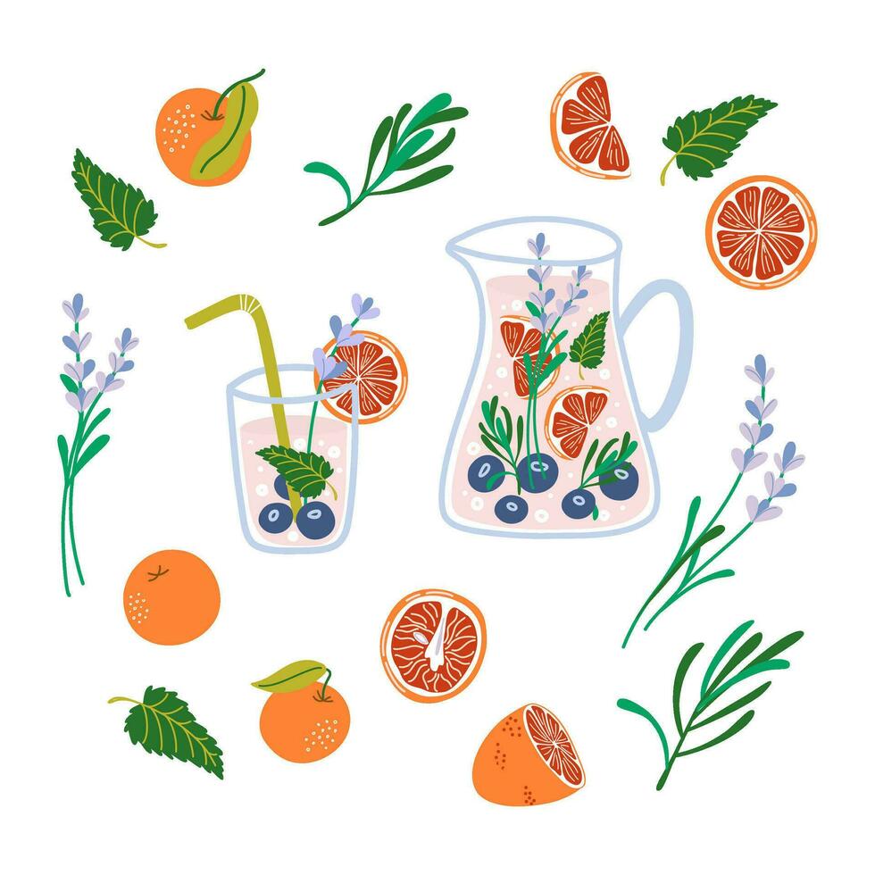 limonade maken set. koolzuurhoudend drinken in werper en glas met rietje, oranje plakjes, munt en kruiden. schattig hand- getrokken illustratie voor poster, cafe menu. vector